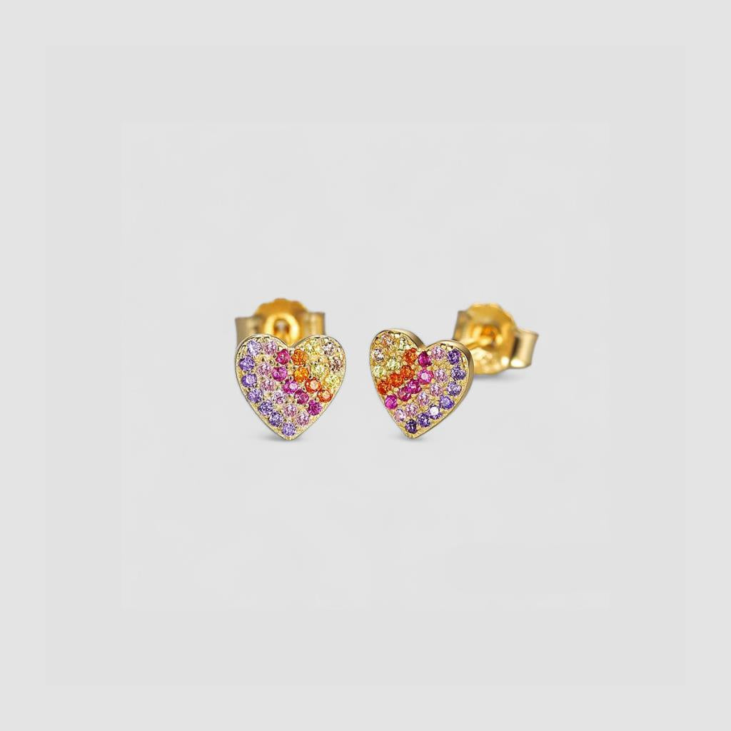 Multicoloured heart stud in gold plated sterling silver