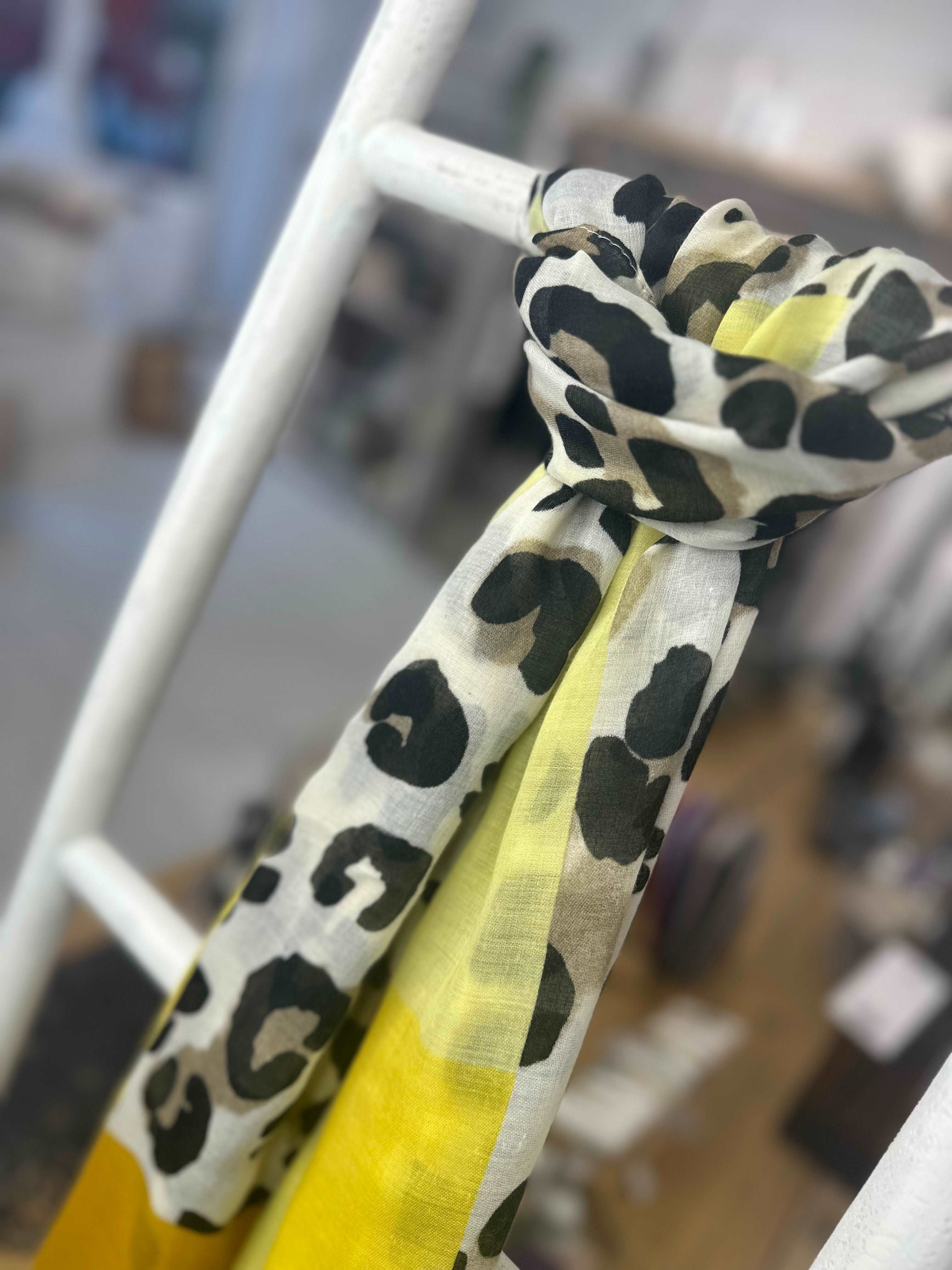 Leopard & Stripe Detail Scarf - Lemon