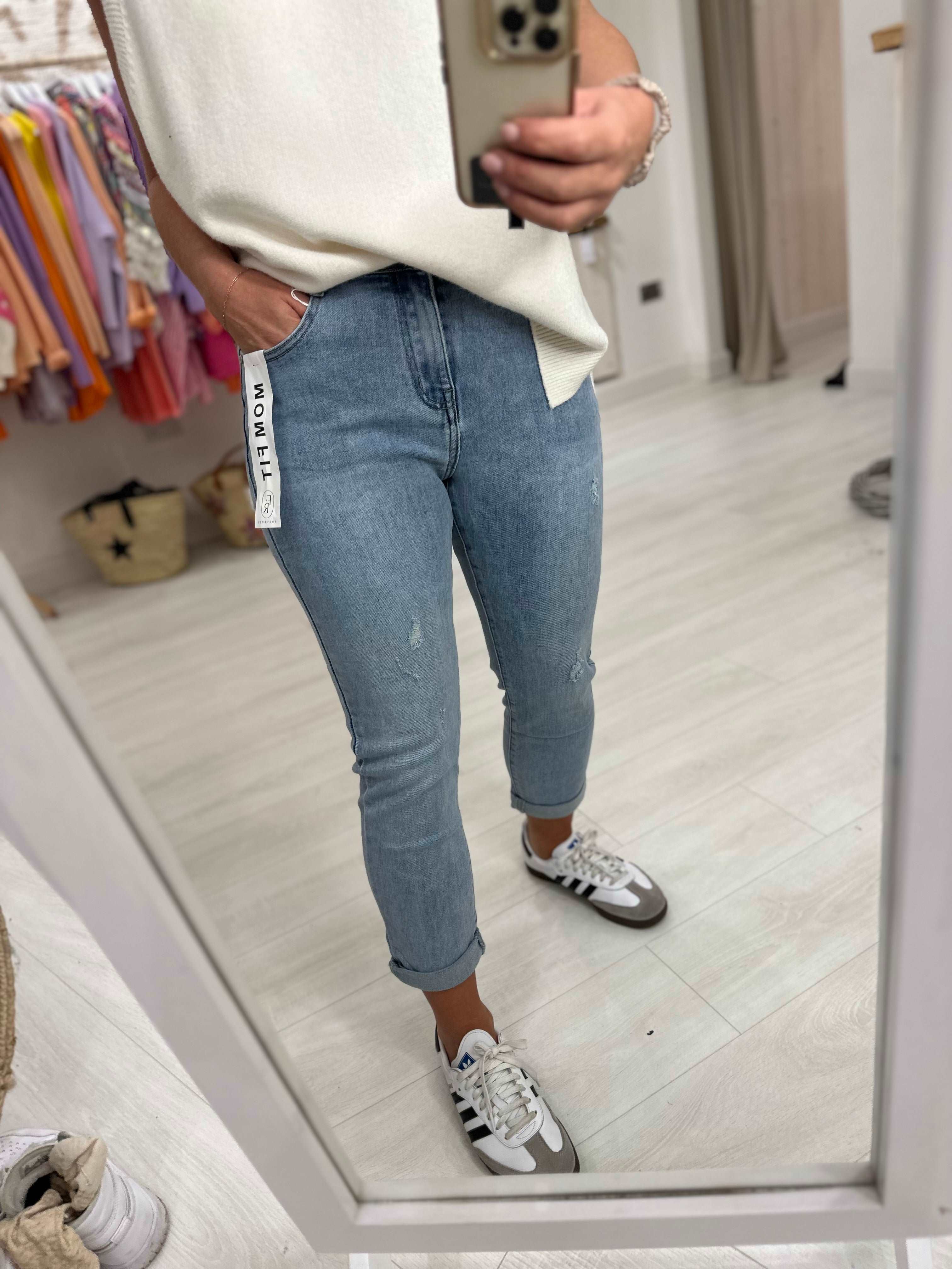 Washed Denim Distressed Mom Fit Jeans