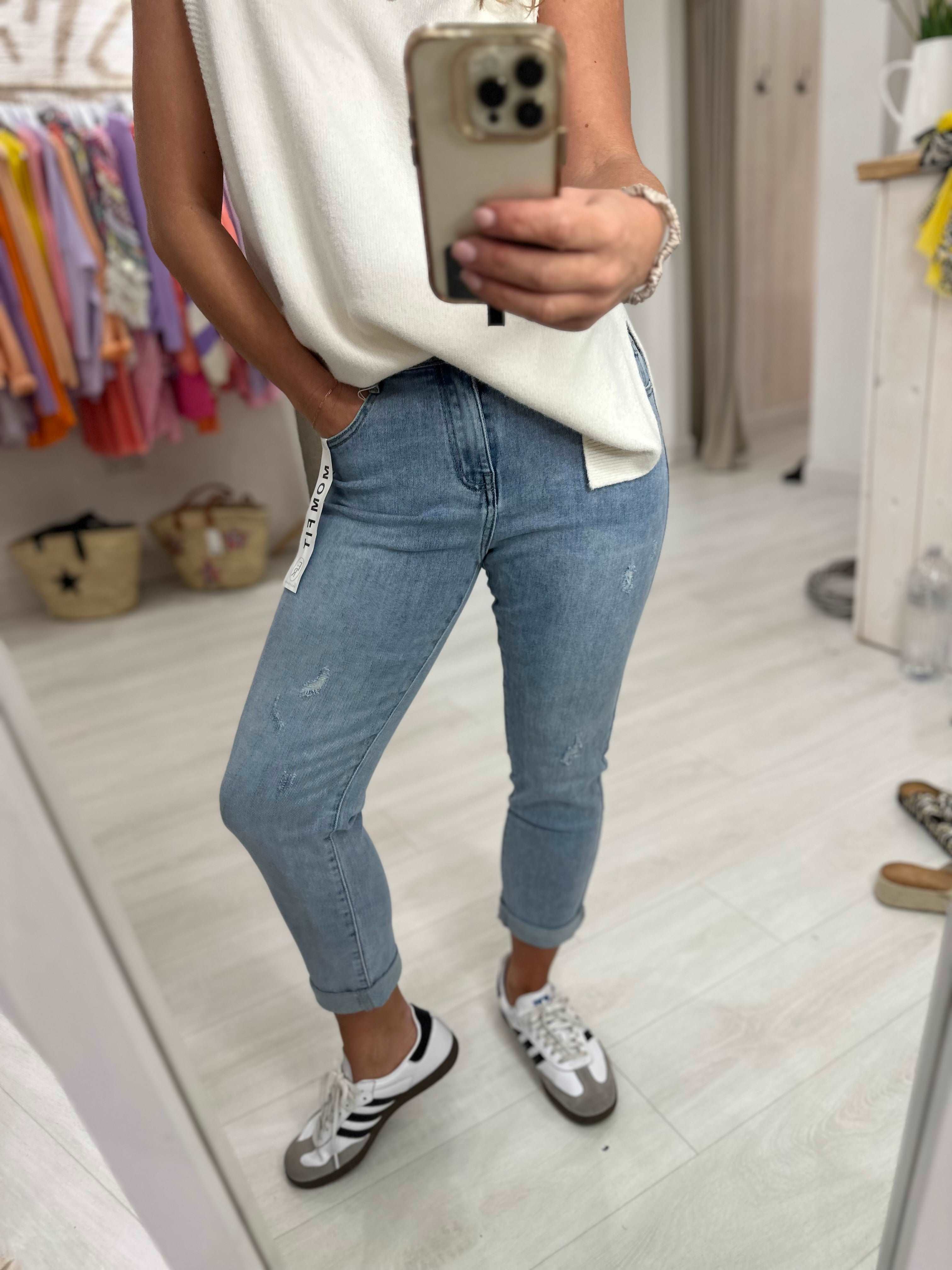 Washed Denim Distressed Mom Fit Jeans