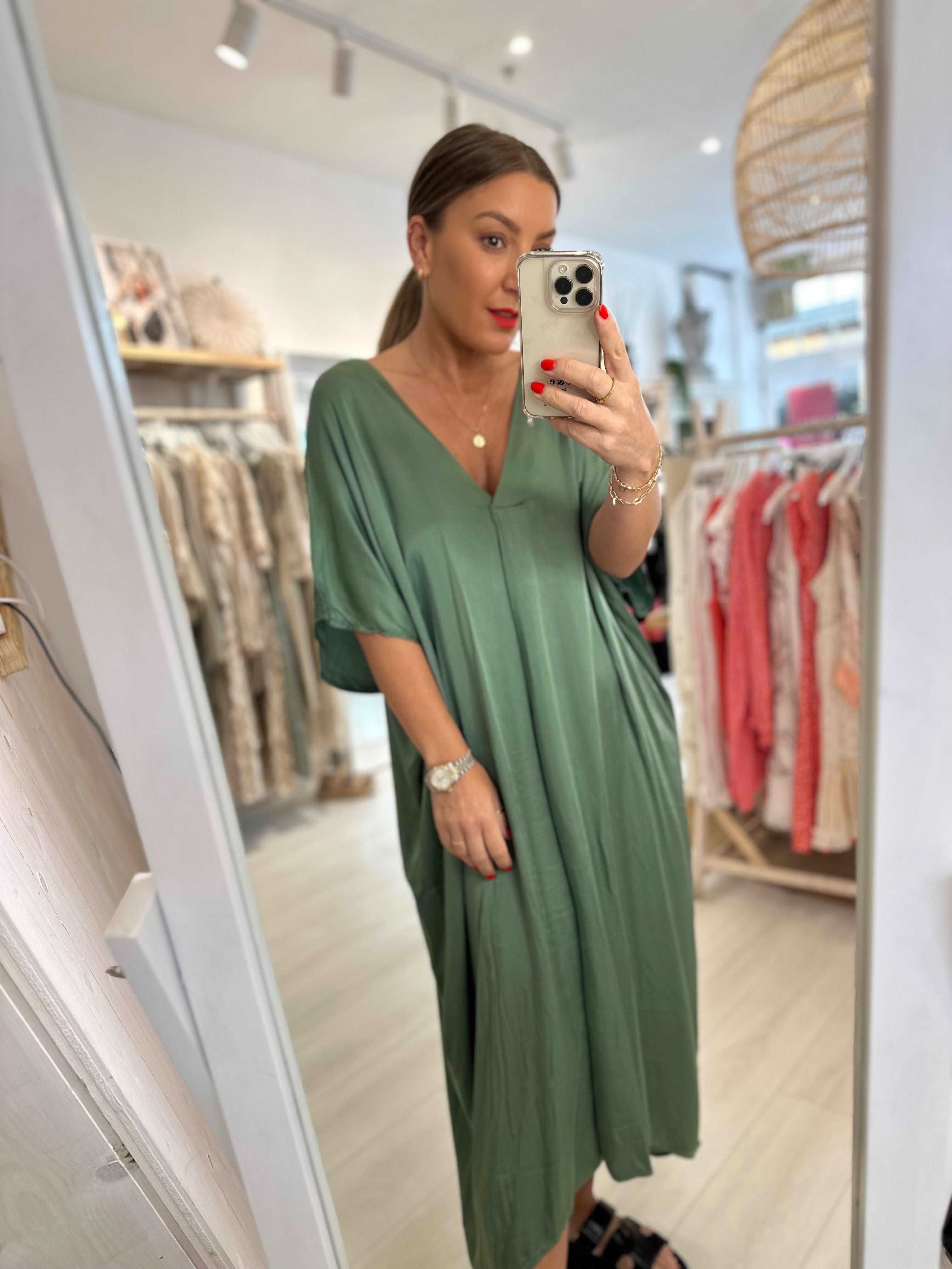 Amira Silk Khaki Maxi Dress