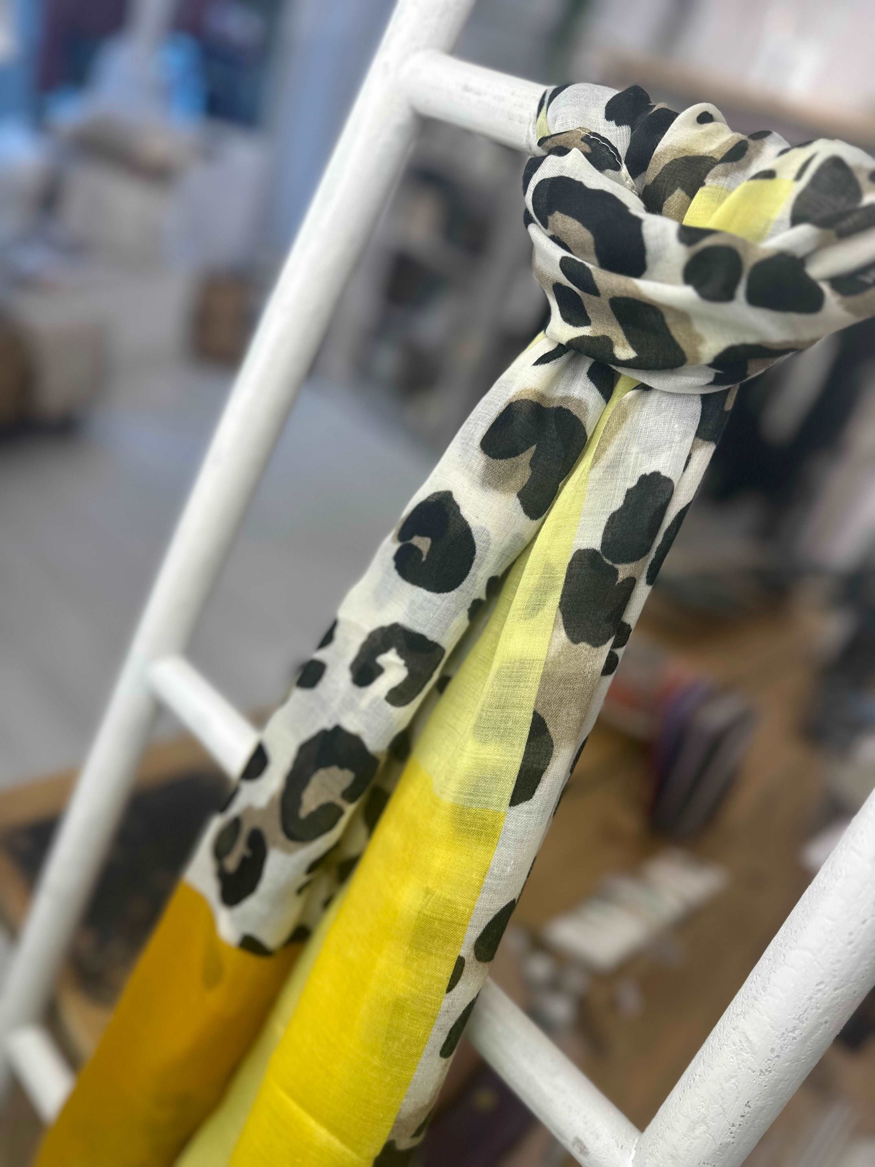 Leopard & Stripe Detail Scarf - Lemon