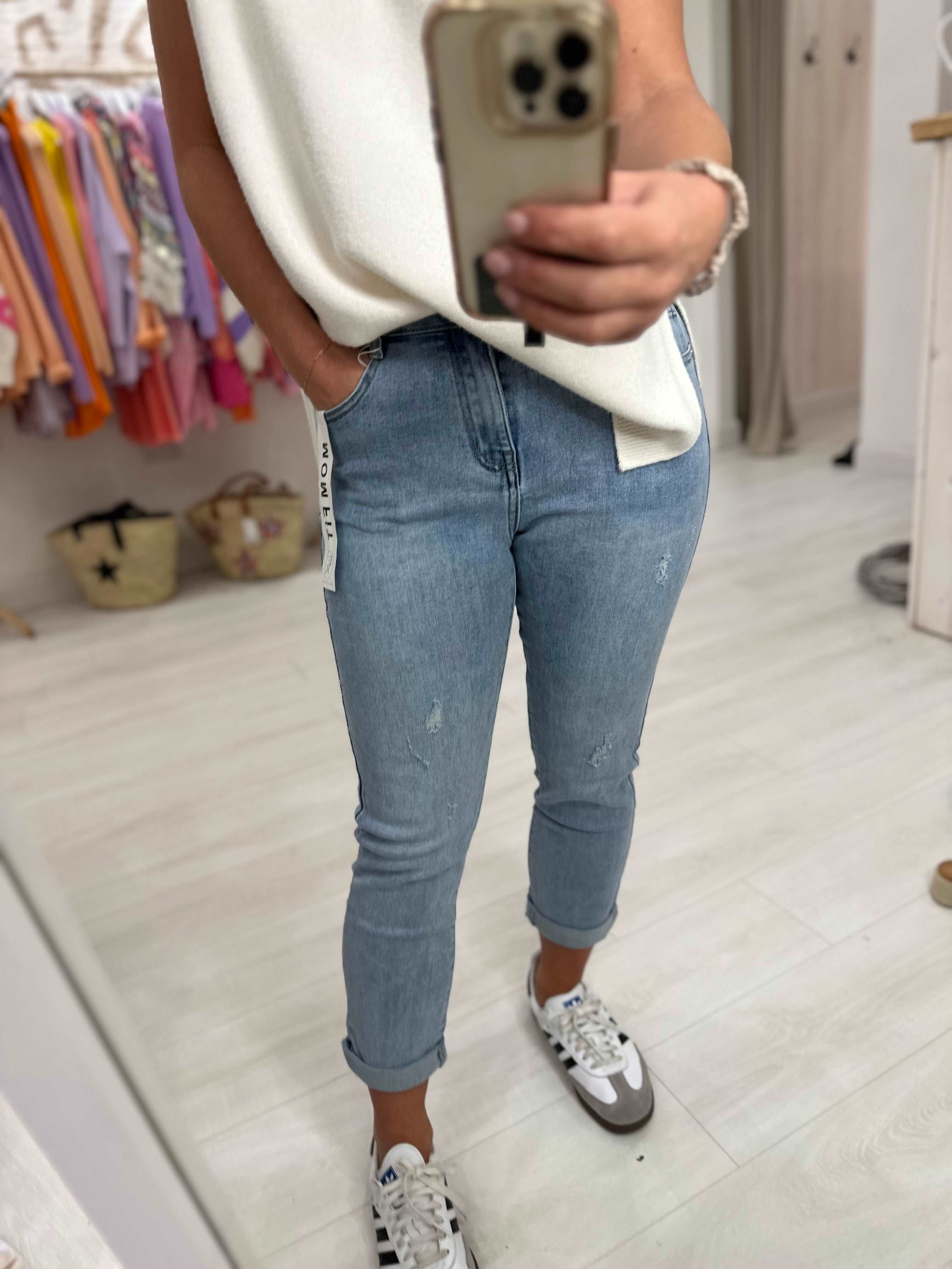 Washed Denim Distressed Mom Fit Jeans