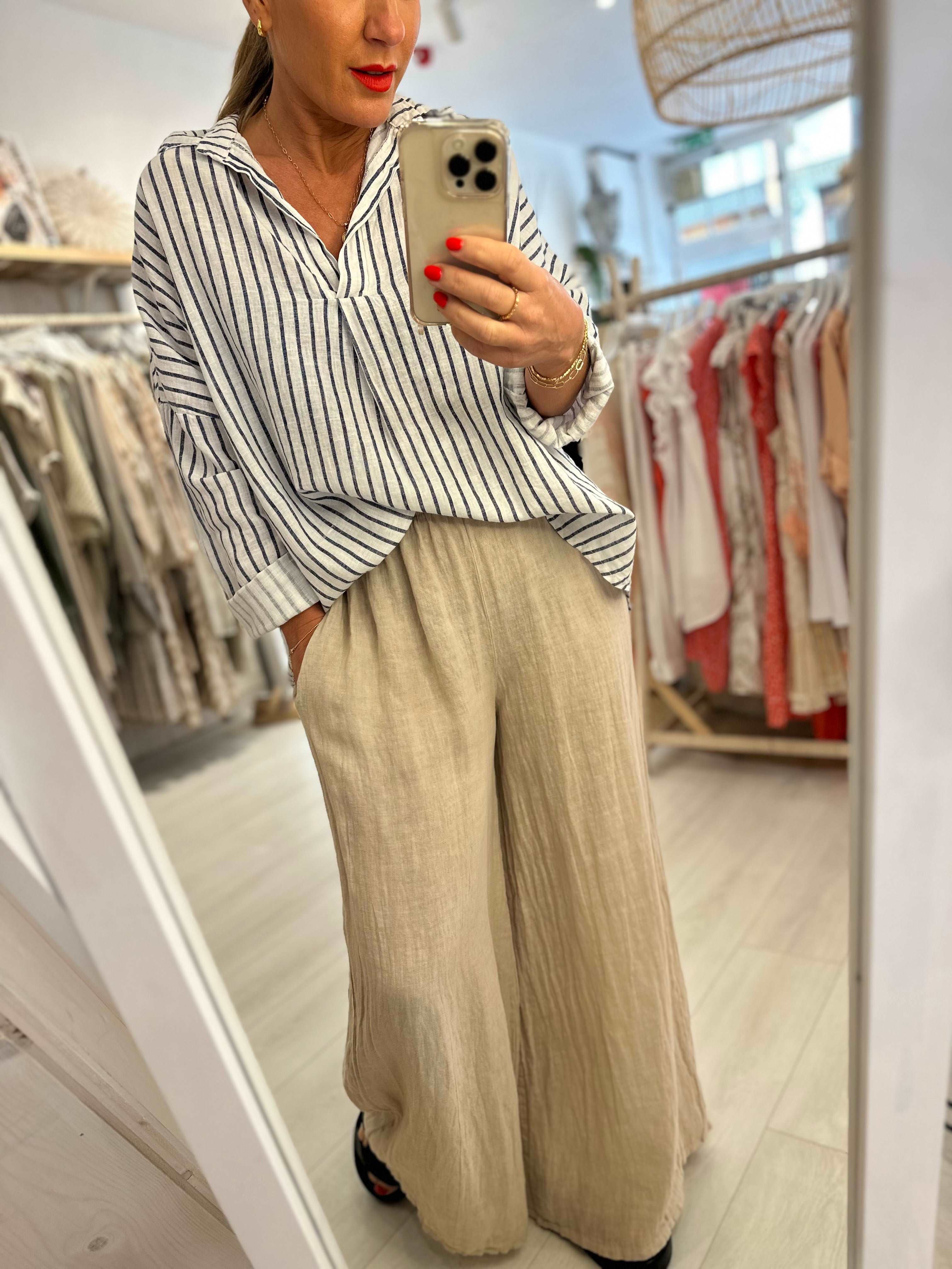 Wide Leg Linen Elasticated Trousers