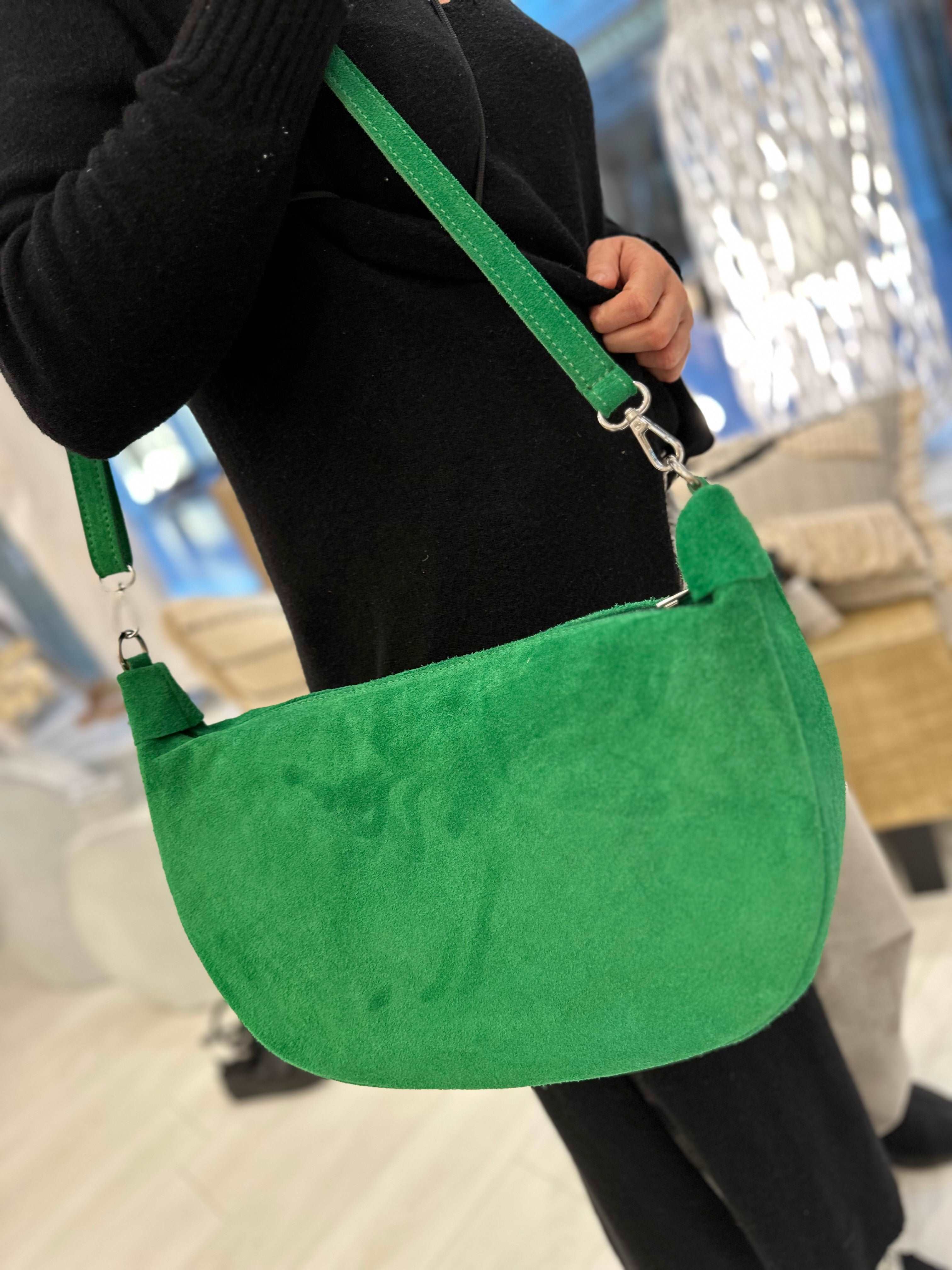 Half Moon Green Suede Bag