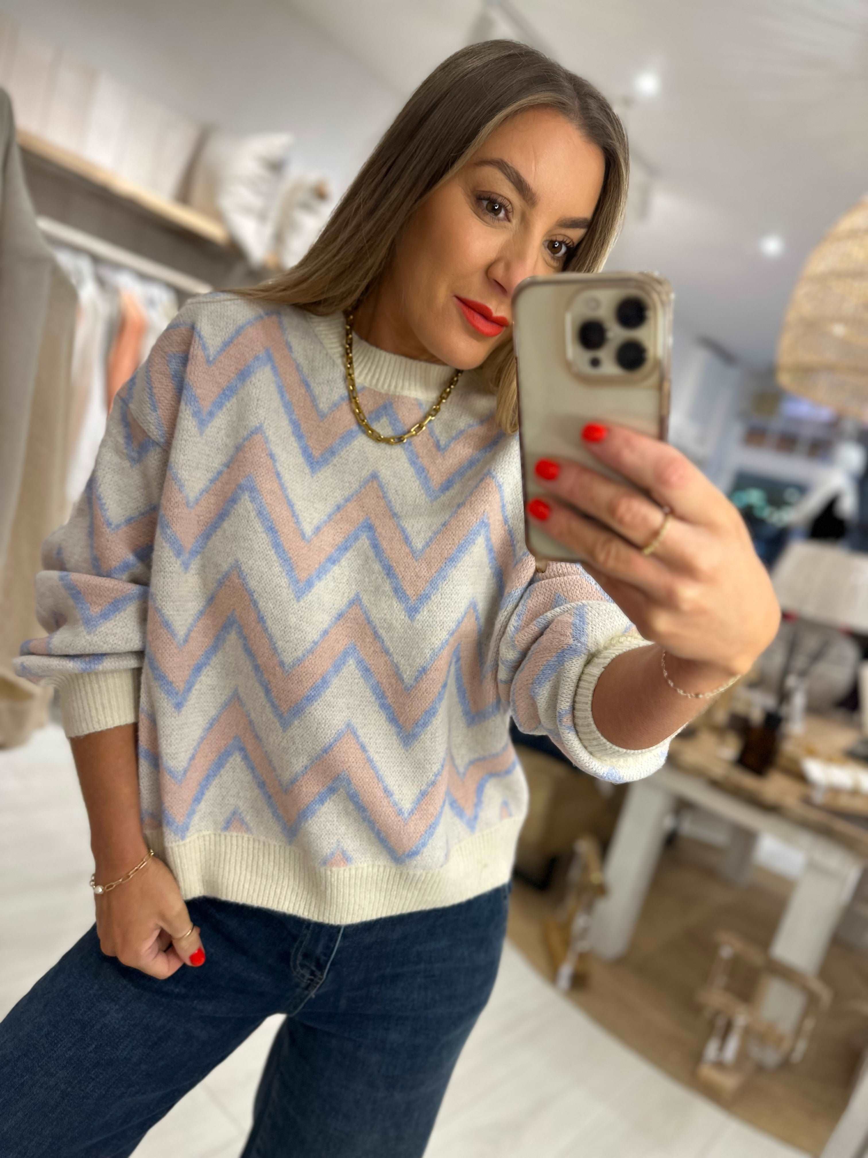 Mila Round Neck Zig Zag Knit Jumper