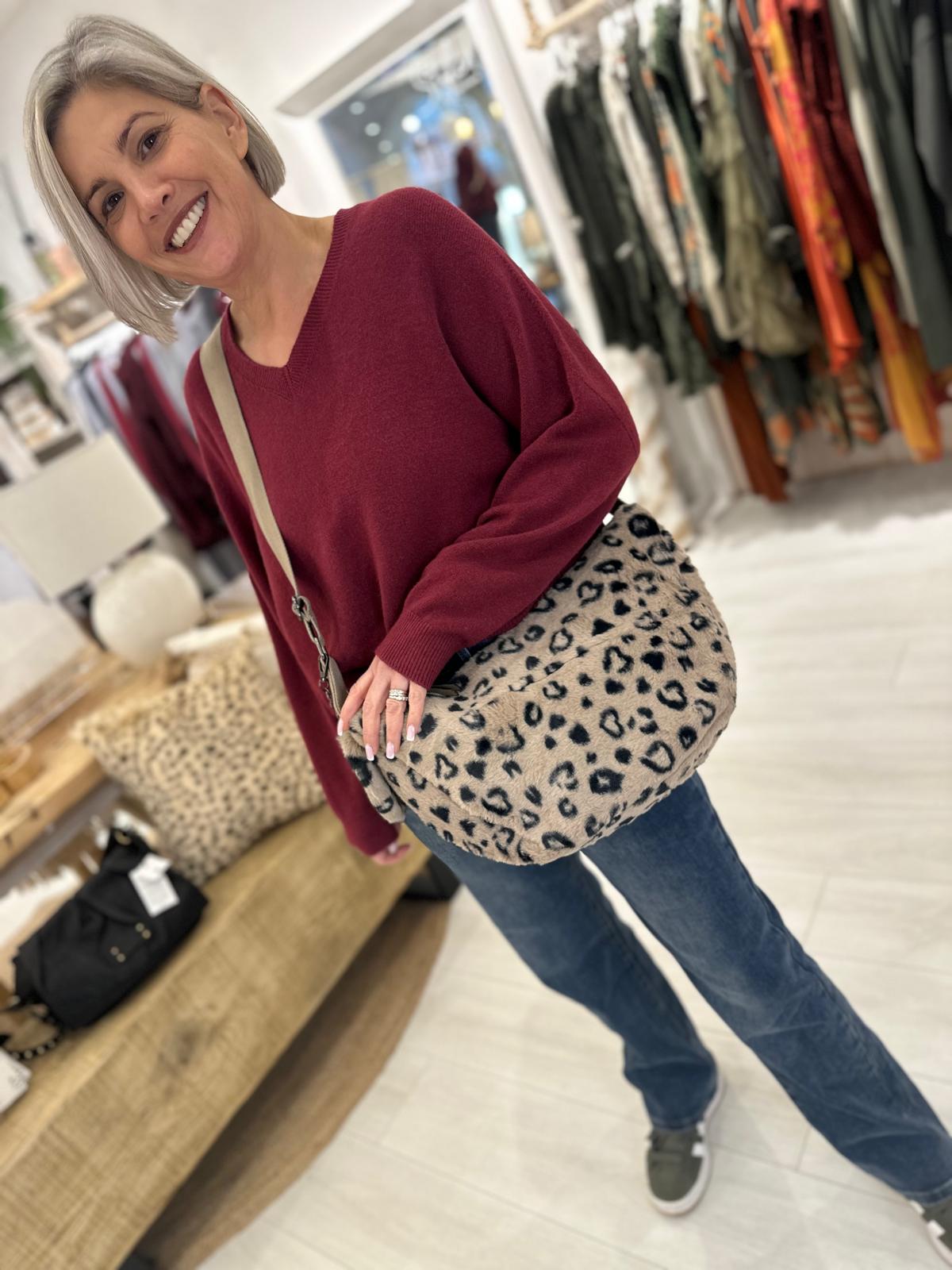 Faux Fur Leopard Half Moon Cross Body Bag