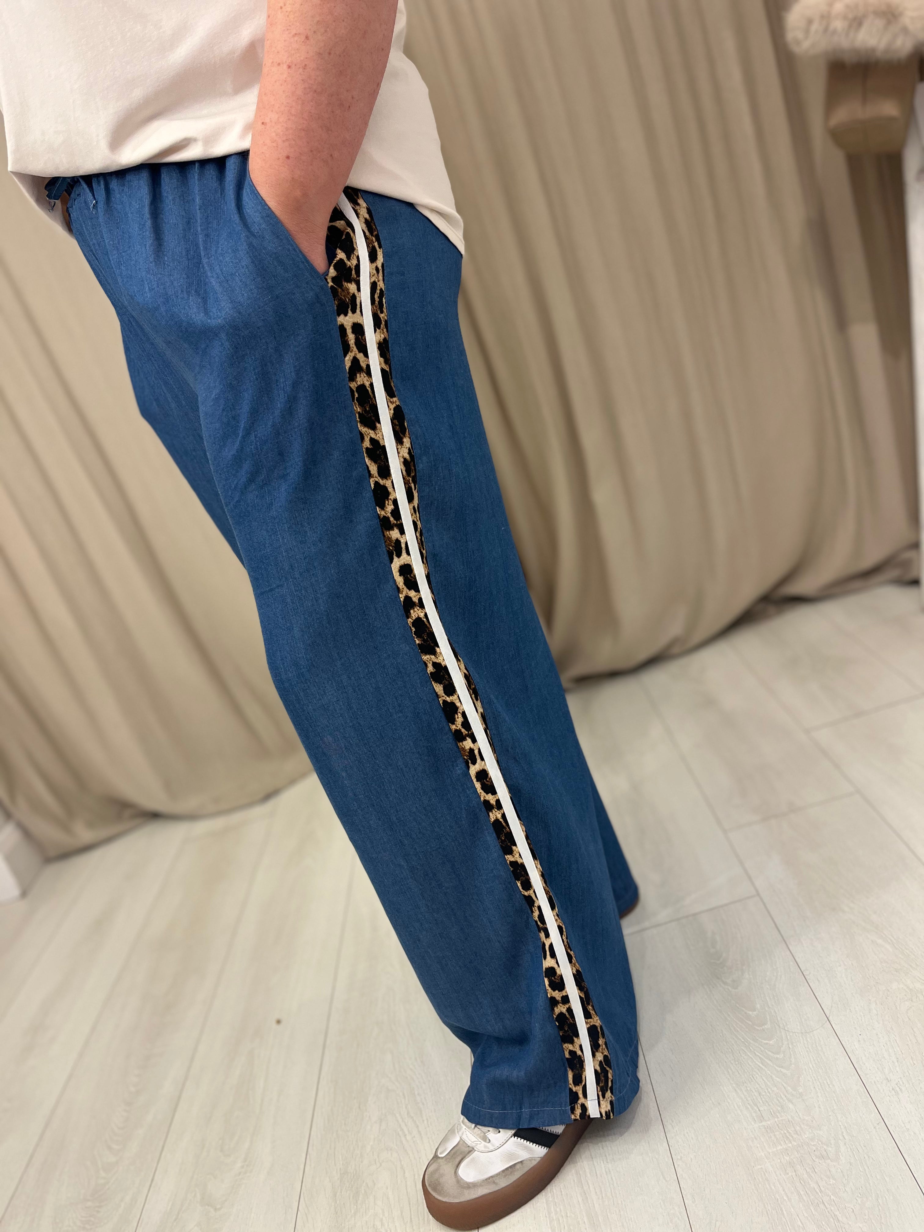 Namira Leopard Side Stripe Denim Trousers