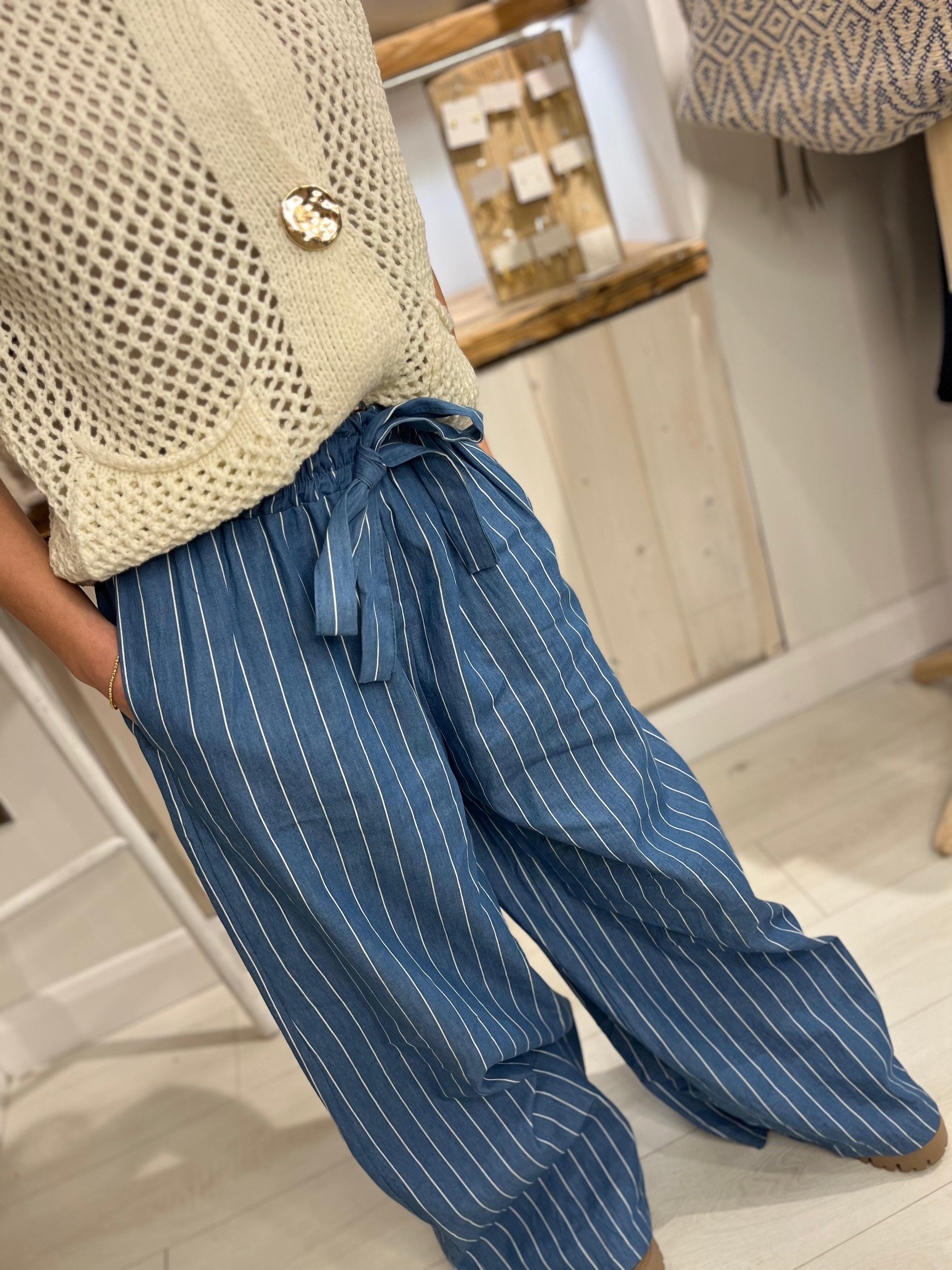 Natalia Striped Denim Wide Leg Trousers