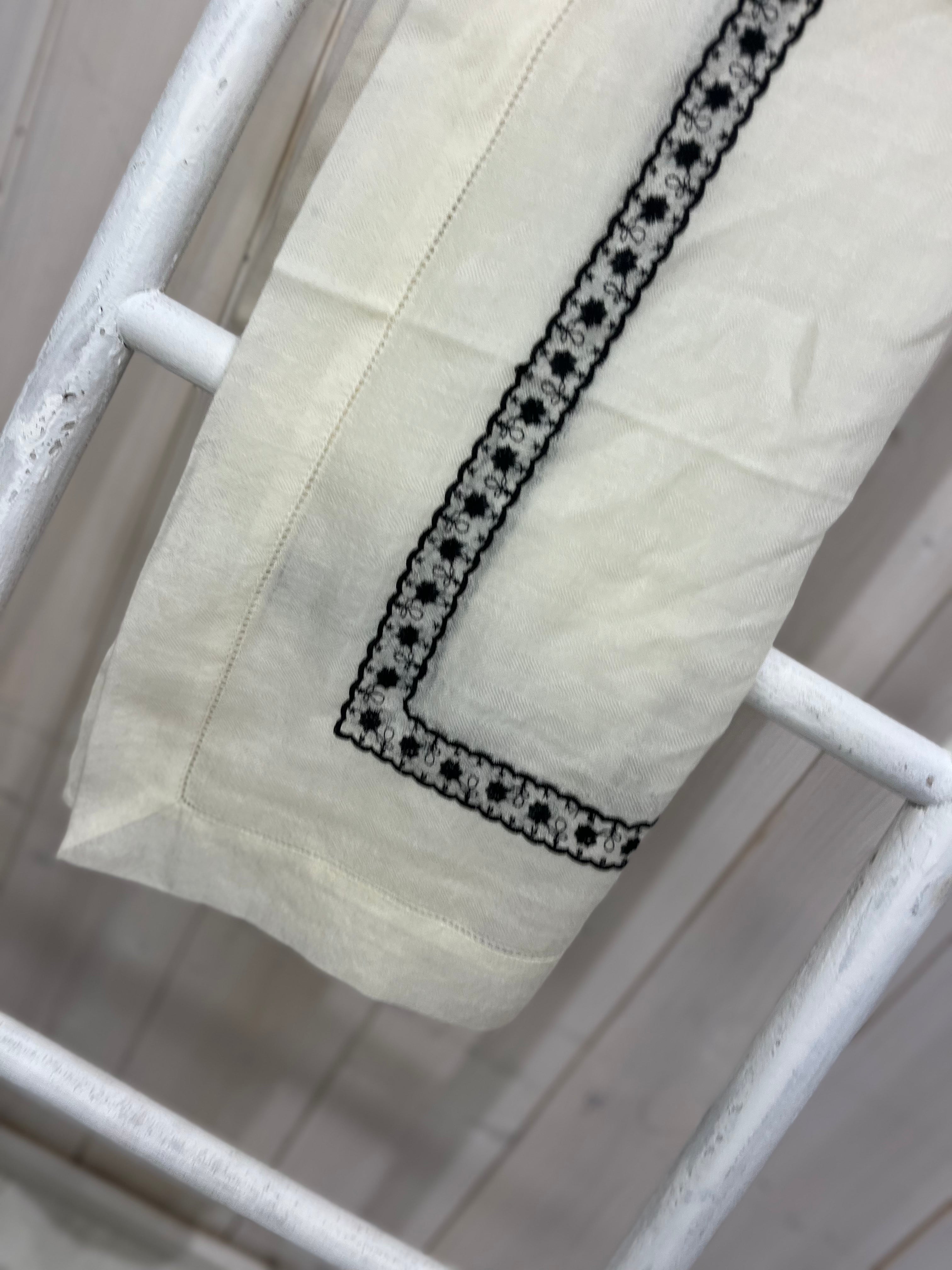 Luxury Cashmere Scarf: Cream with Black Embroidered