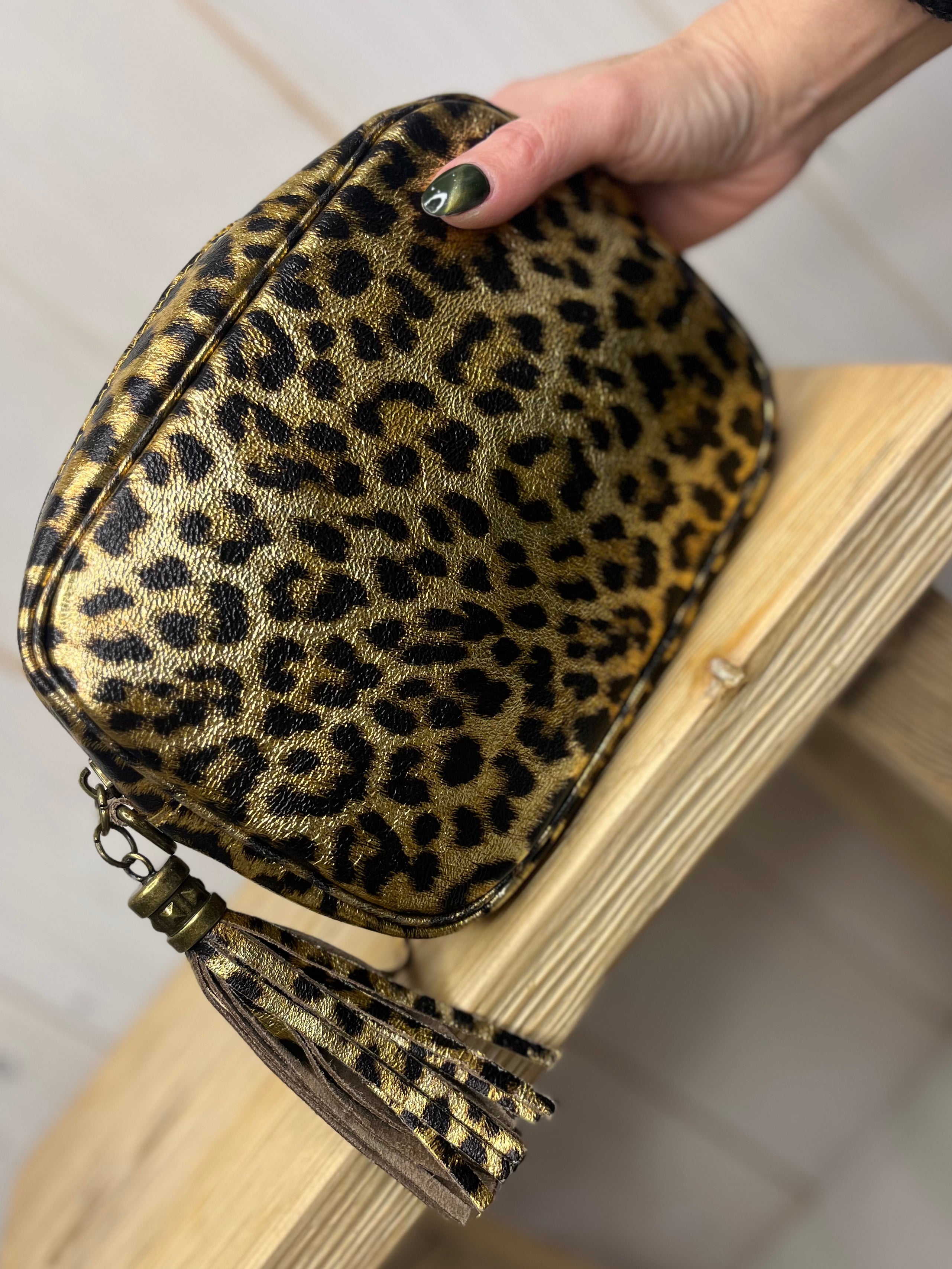 Metallic Leather Leopard Camera Bag