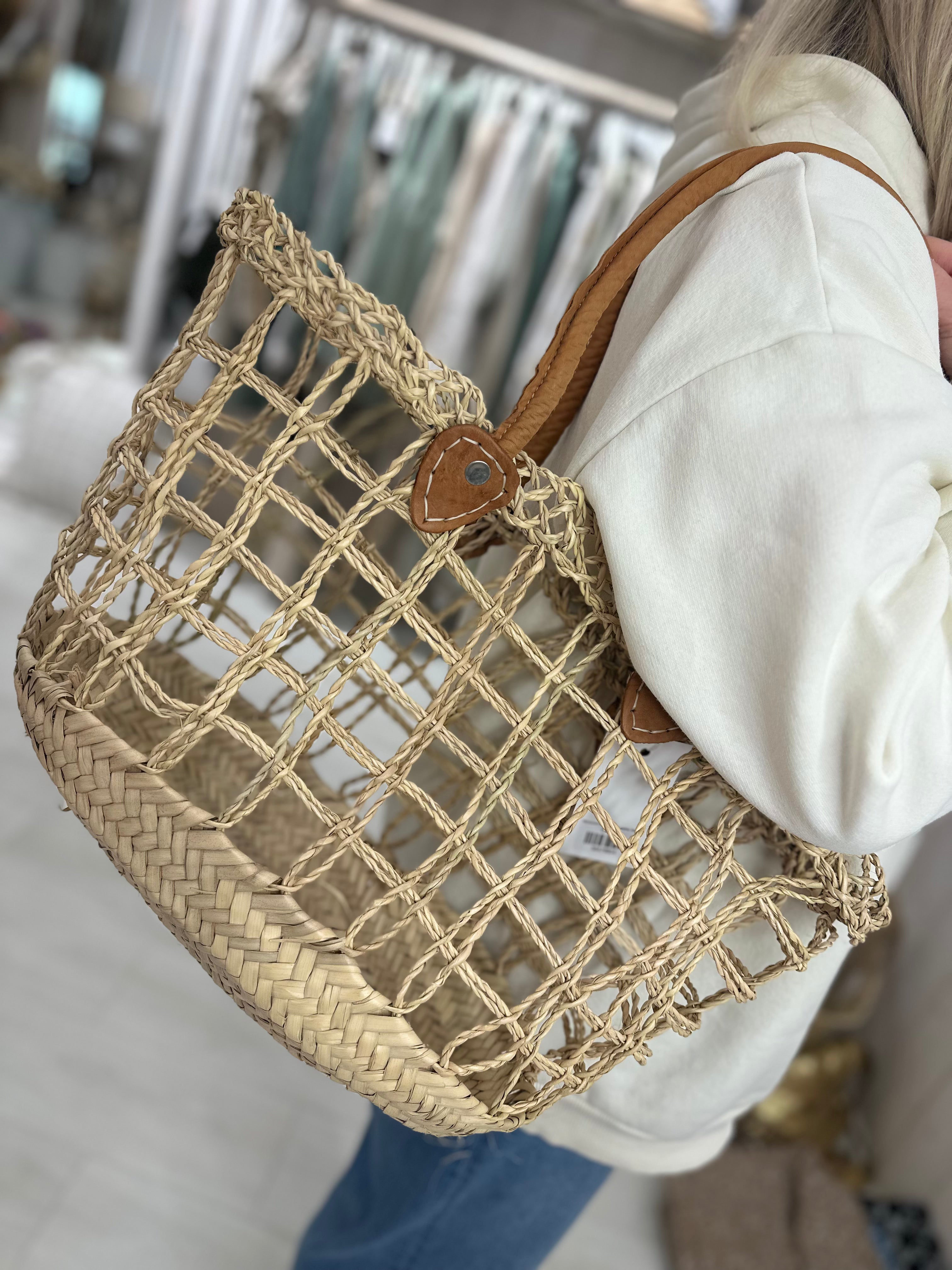 Moroccan Cage Rattan Leather Strap Bag