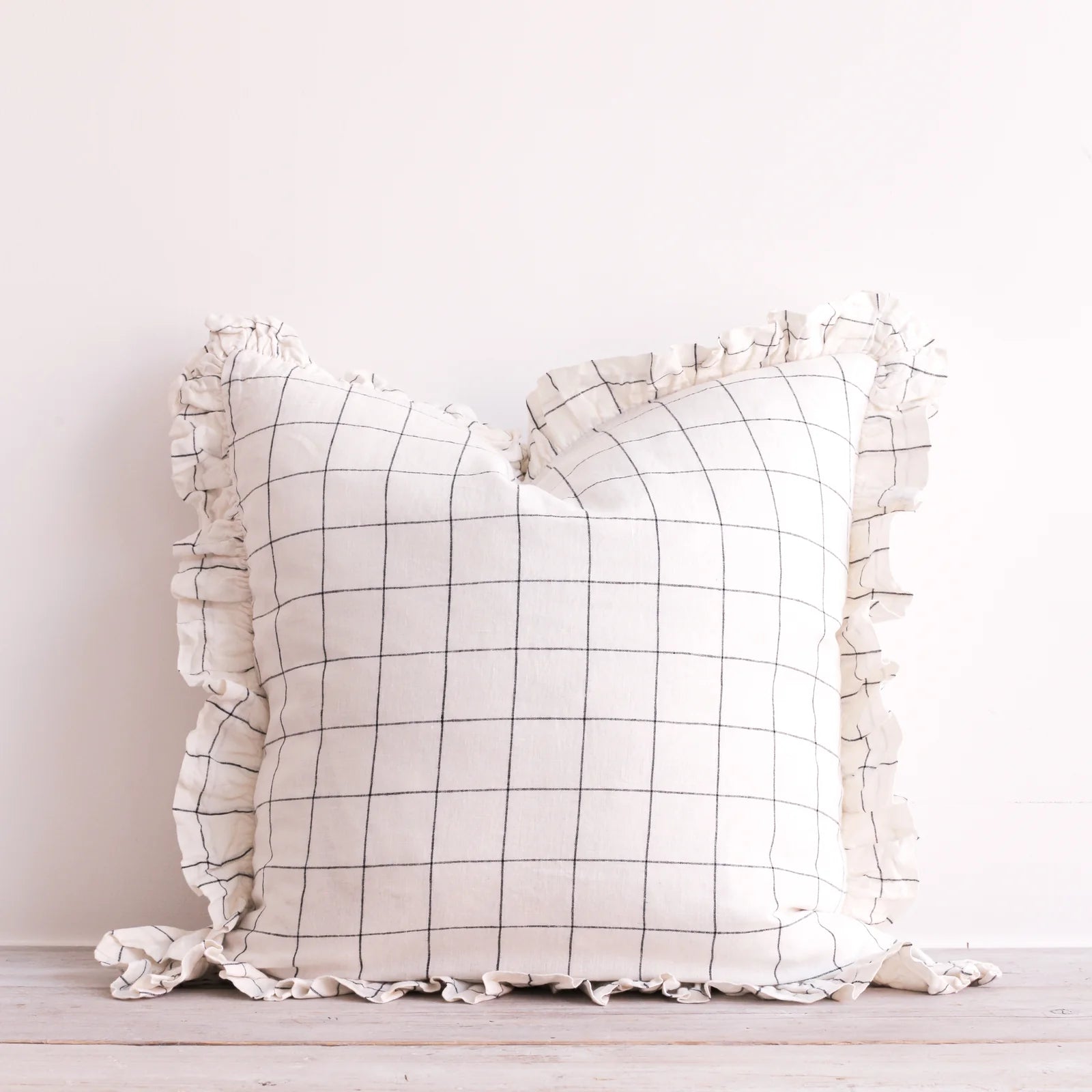 OLIVIA RUFFLE PILLOW 100% LINEN BLACK GRID