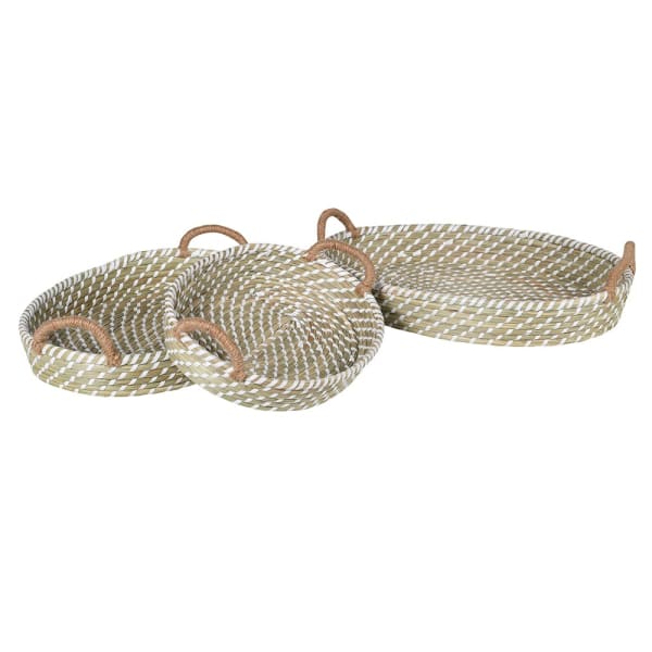 Set of 3 Woven Seagrass Basket Trays with Handles