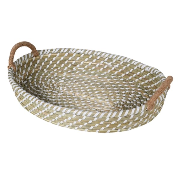 Set of 3 Woven Seagrass Basket Trays with Handles