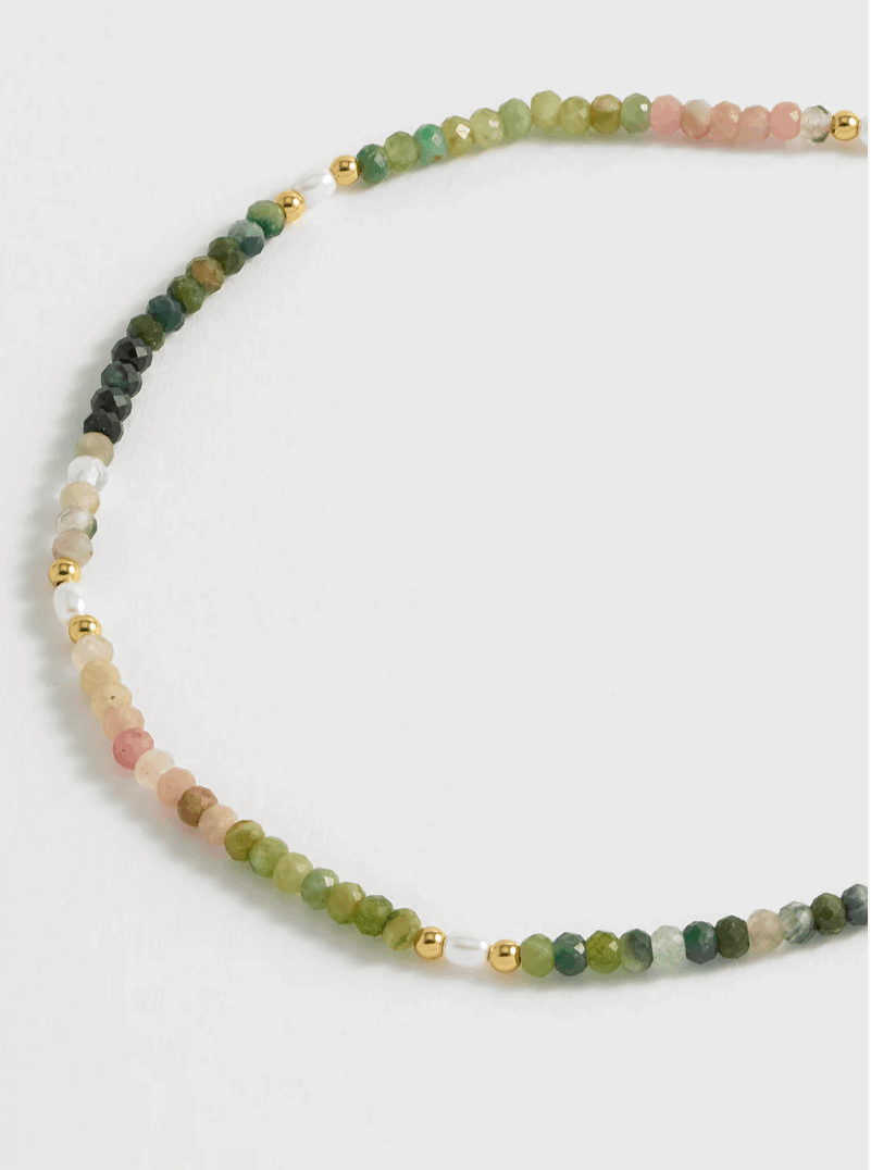 Gemstone Pearl Tourmaline T-Bar Beaded Necklace