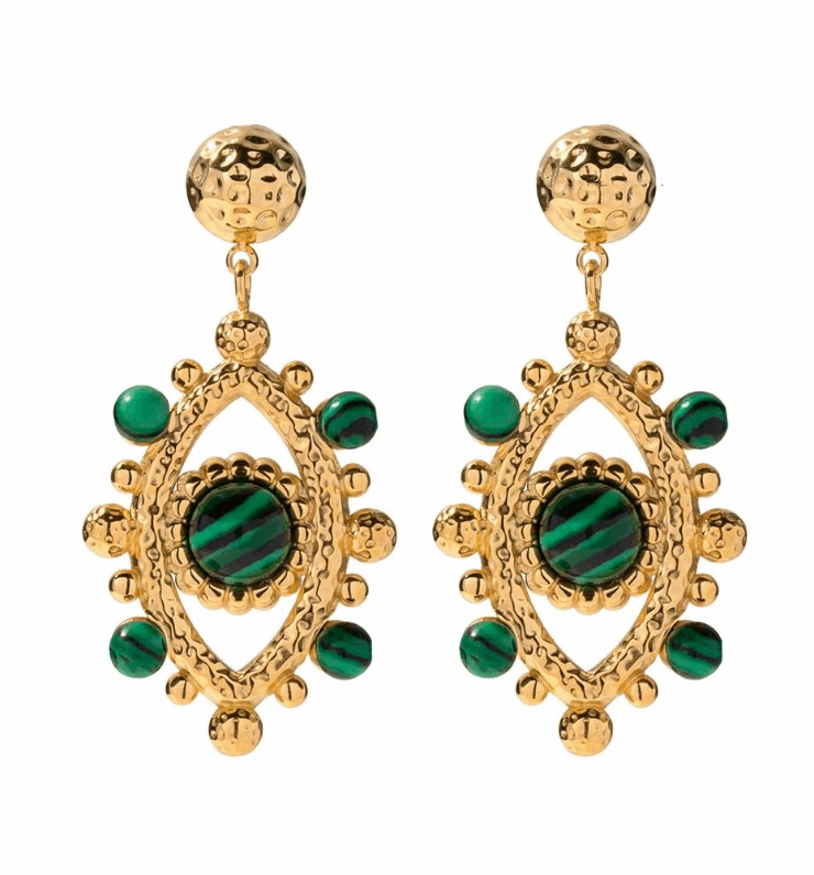 Hammered beaded oval earring in malachite